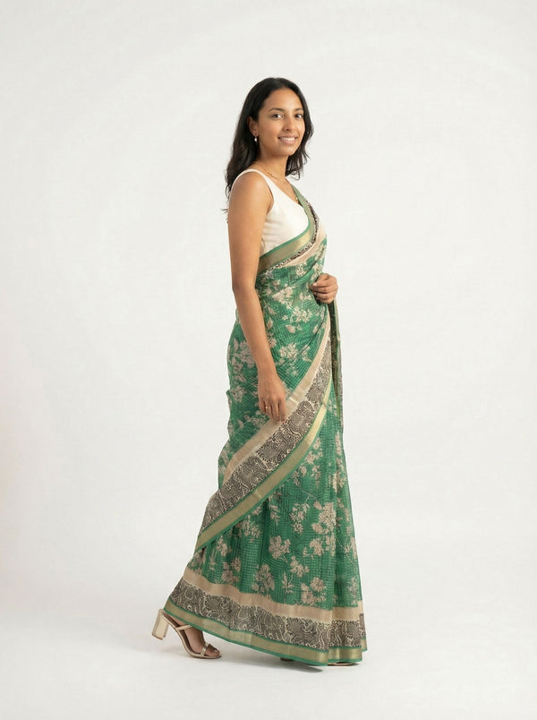 Chanderi Cotton Green And Beige Floral Printed Saree
