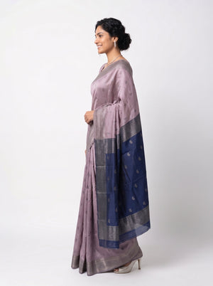 Art Silk Lavender Saree with Contrast Blue Silver Zari Woven Paisley Pallu