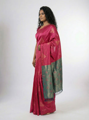 Semi Silk Ruby Pink Saree for Women with Triangle Paisley Butta