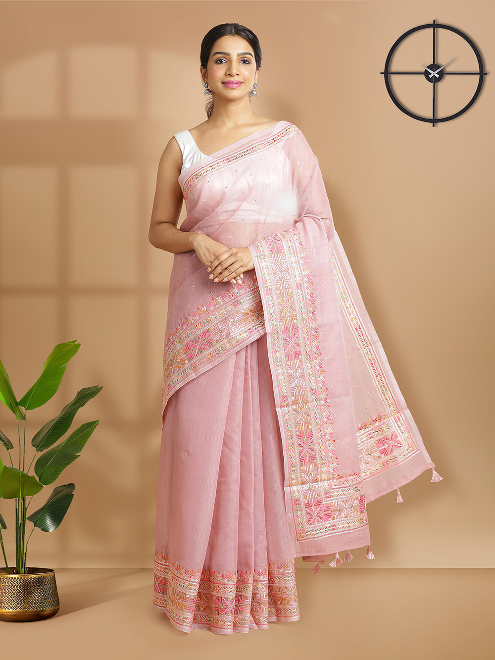 Light Onion Pink Chanderi Silk Saree With Thread And Mirror Work Over Body