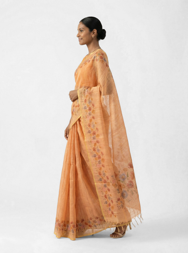 Chanderi Cotton Peach Botanical Print Saree