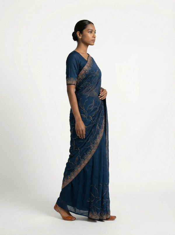Vijithra Silk Deep Navy Blue Floral Stone Work Designer Saree