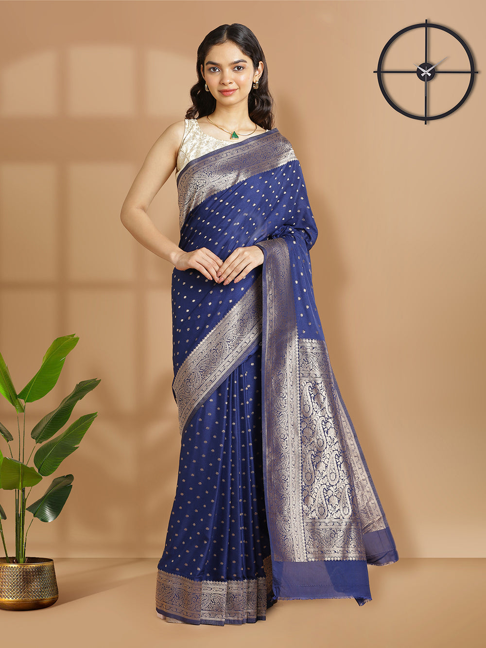 Navy Blue Georgette Banarasi Saree With Golden Polka Dots Over Body