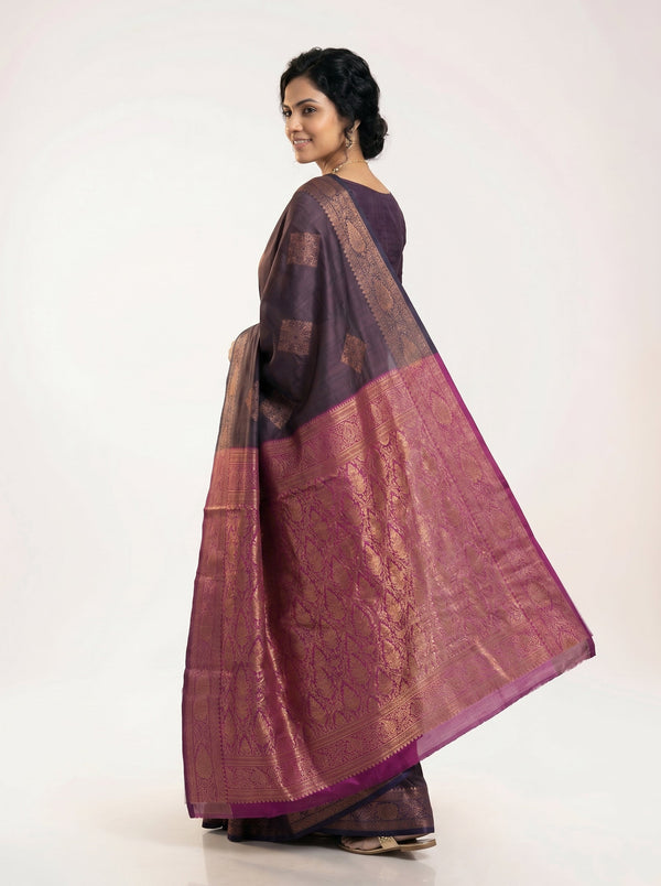 Art Silk Dark Violet-Brown Saree with Orchid Purple Contrast Border and Pallu