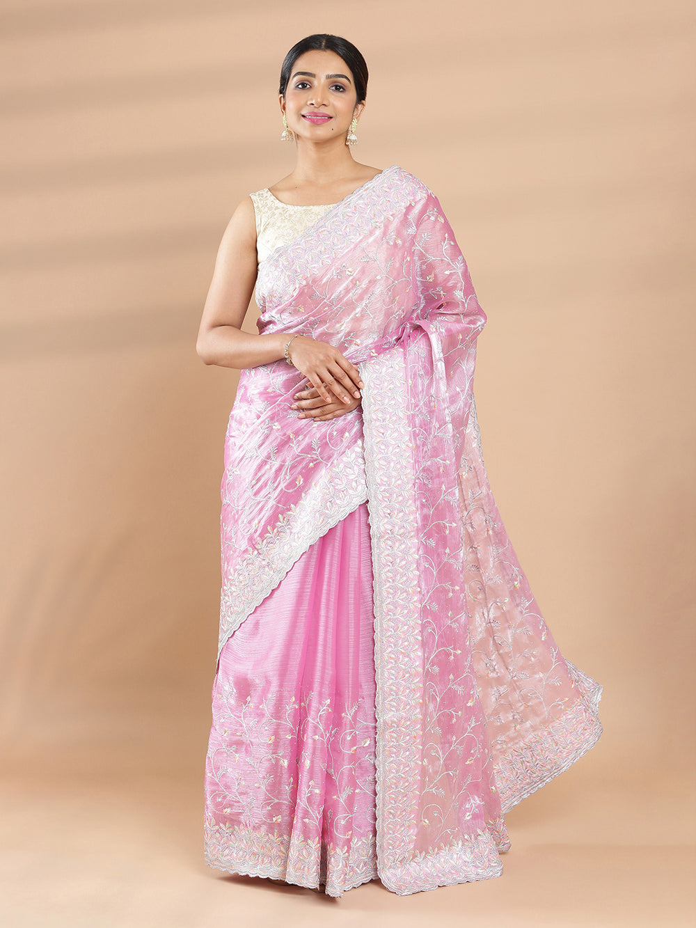 Lavender Pink Color Glass Organza Saree With Mini Stone Work All Over Design