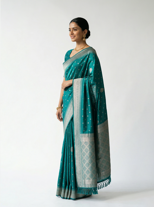 Semi Silk Peacock Green Small Butta Design Saree