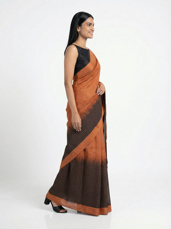 Chanderi Cotton Rust Brown Saree With Black Checked Border