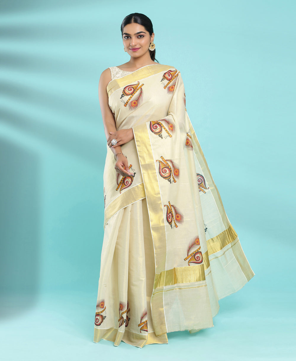 Kerala Tissue Peacock Feather,Flute,Shangu Printed Set Saree