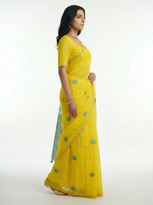 Cotton Yellow Printed Saree with Floral Motifs and Contrast Pallu