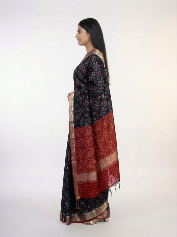 Semi Silk Black  Saree with Contrast Maroon Ikat Pallu & Plain Border Blouse