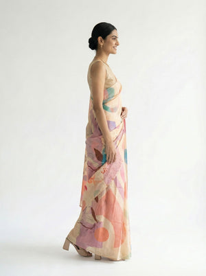 Chanderi Cotton Cream Abstract Floral Saree