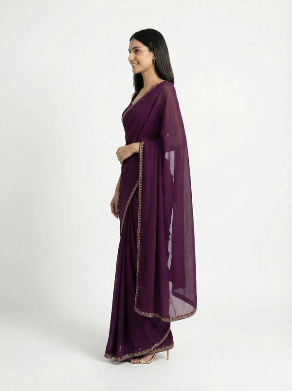 Organza Dark Wine Plain Saree with Minimal Adorned Border