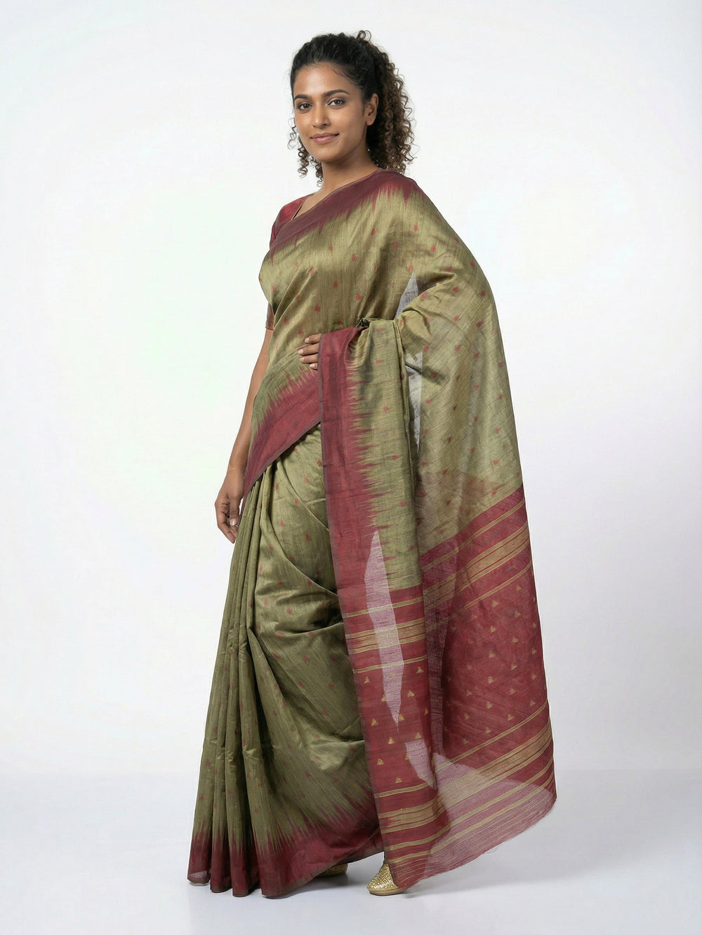 Semi Silk Elegant Moss Green Saree with Maroon Temple Butta Blouse
