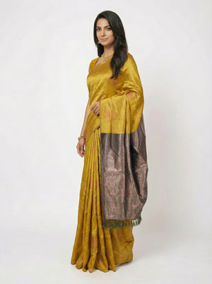 Semi Silk Classic Ochre Yellow Saree with Butta Work