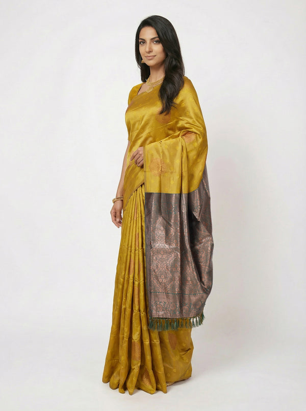 Semi Silk Classic Ochre Yellow Saree with Butta Work