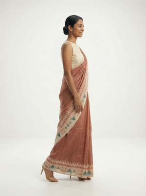 Chanderi Cotton Rust Brown Tribal Border Saree