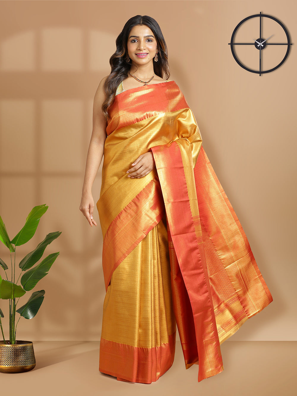 Copper And Golden Color Tissue Saree With Self Horizontal Design Over Body And Red Border