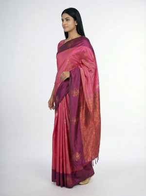 Semi Silk Women’s Pinkish Peach Saree with Butta Work & Wine Border