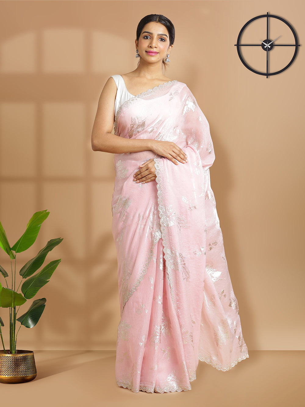 Baby Pink Soft Organza Chiffon Saree With Foil Floral Print Over Body