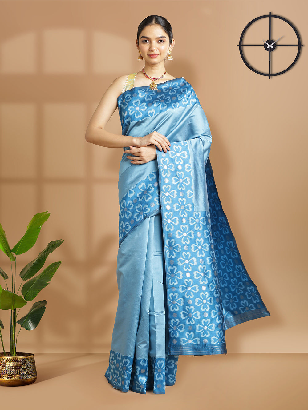 Powder Blue Color Art Silk Plain Saree With Dark Blue Floral Printed Border And Pallu
