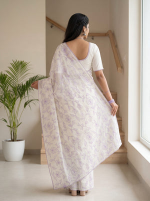 Mul Chanderi White Purple Floral Vine Outline Embroidery Scalloped Border Saree