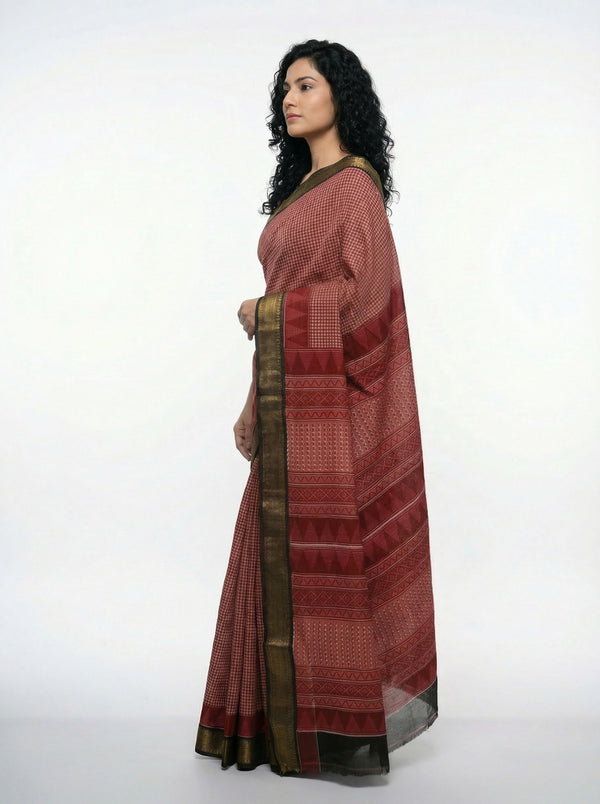 Cotton Red Checked Pattern Saree with Traditional Border