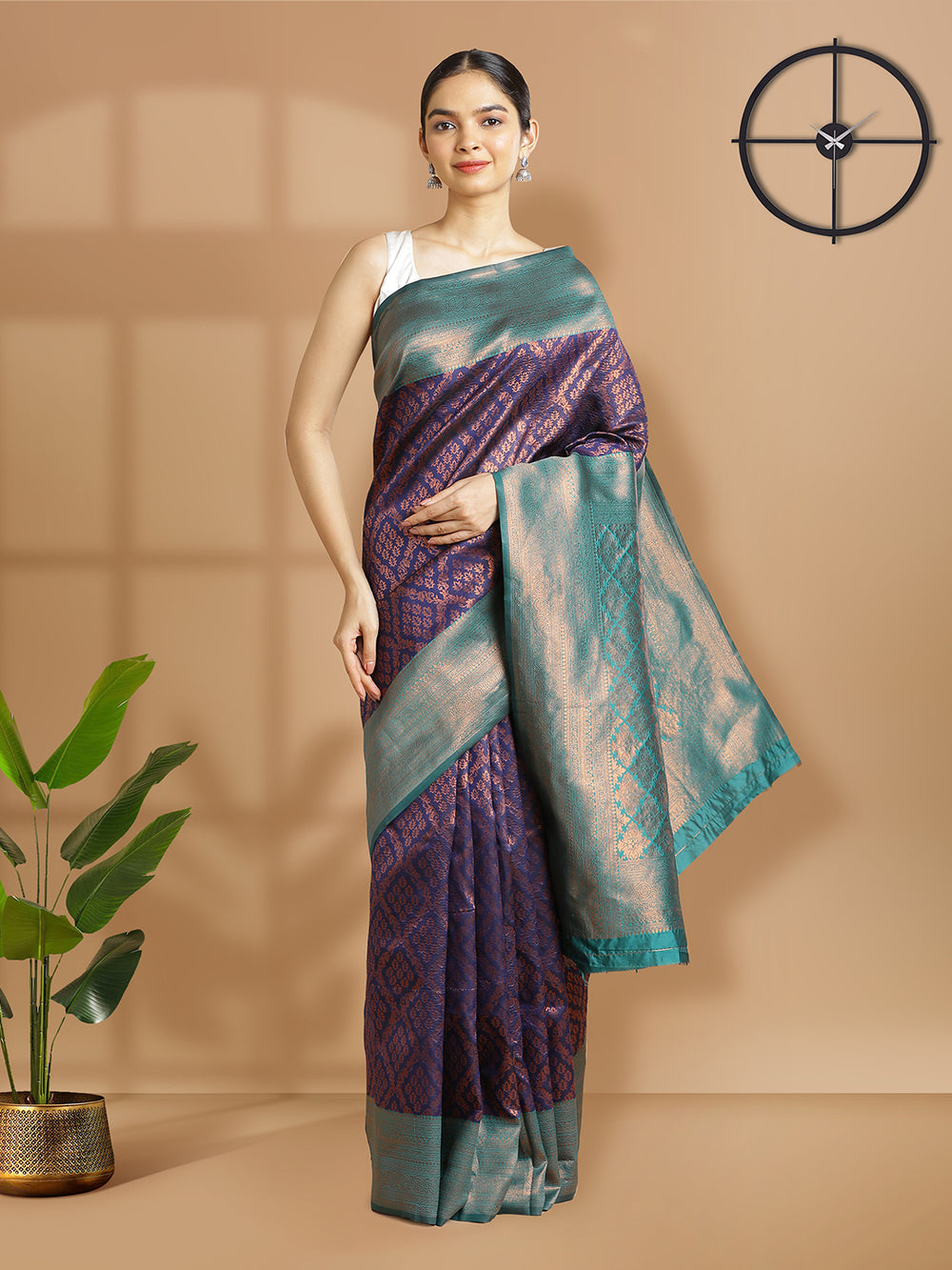 Navy Blue Color Art Silk Saree With Copper Design Over Body And Peacock Green Border