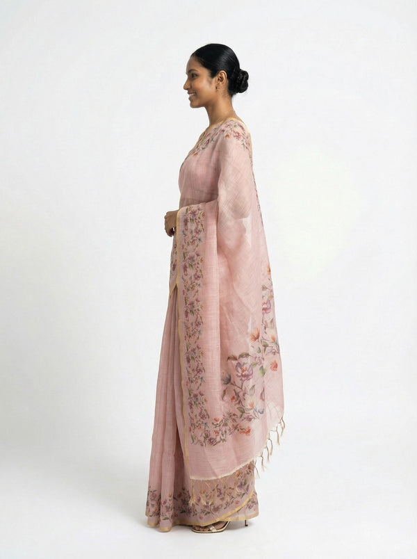Linen Pink Floral Embroidered Saree