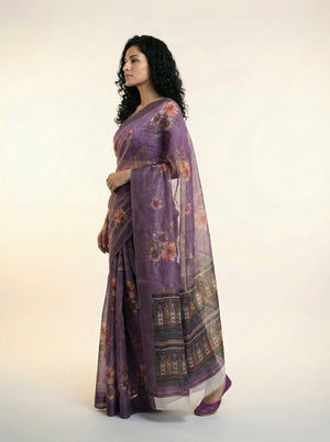 Cotton Violet Floral Printed Saree with Artistic Border Design
