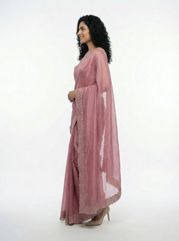 Shimmer Organza Baby Pink Designer Saree with Micro Dot Work and Heavy Embroidered Border