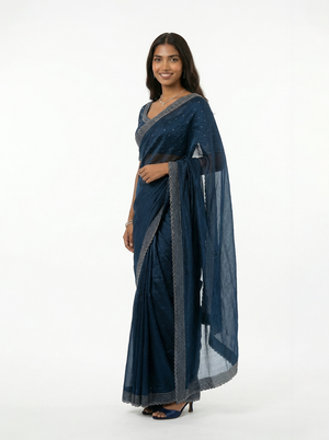 Organza Navy Blue Minimal Small Stone Work  Border Designer Saree