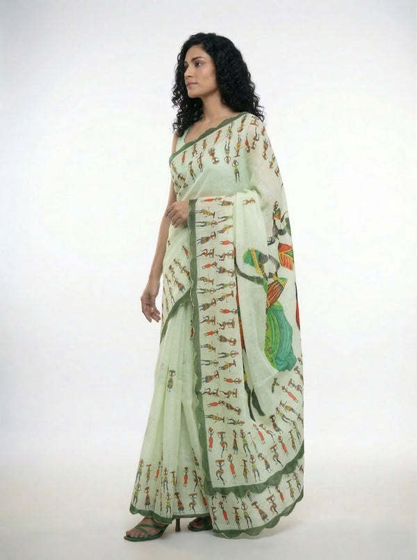 Cotton Light Green Saree with Folk Art Prints