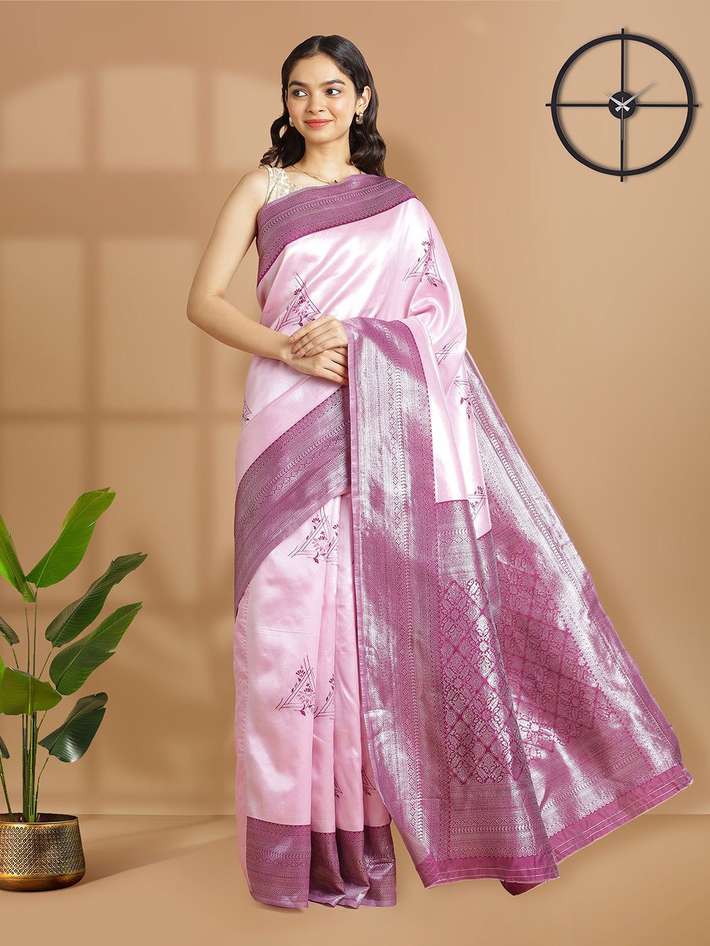 Baby Pink Color Tissue Saree With Triagle Designed Buttas Over Body And Purple Border