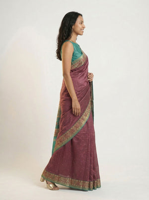Chanderi Cotton Plum Purple & Teal Green Zari Butta Pattern Saree