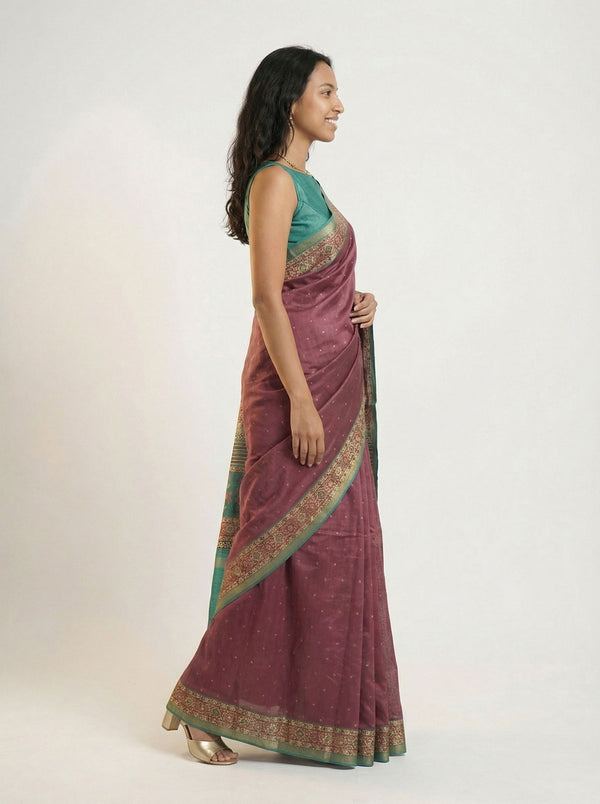 Chanderi Cotton Plum Purple & Teal Green Zari Butta Pattern Saree
