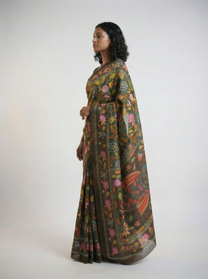 Cotton Green Multicolor Floral Design Saree with Rich Border
