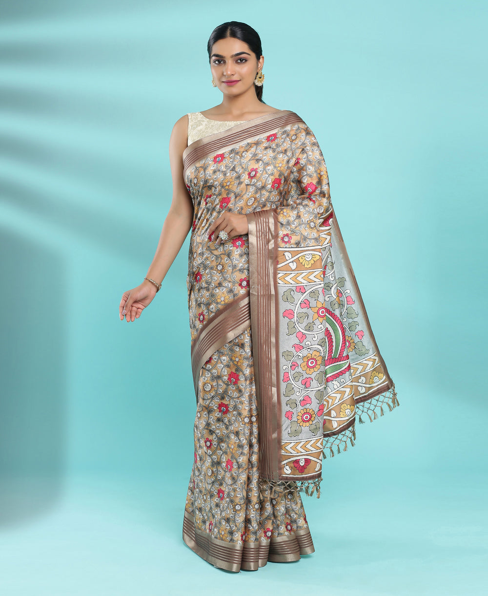 Jute Silk Casual Wear Camel Brown Color Kalamkari Printed Saree
