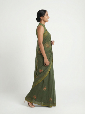 Chanderi Cotton Olive Green Floral Embroidered Pattern Saree