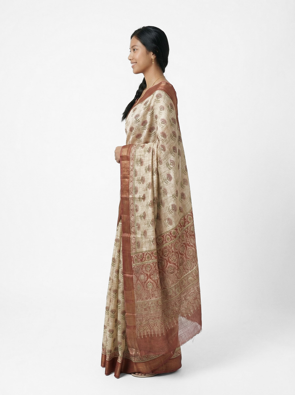 Chanderi Cotton  Beige Floral Butta Printed Saree