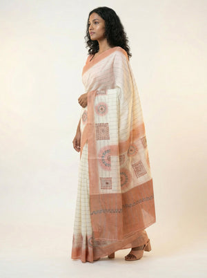 Cotton Off White Saree with Minimal Stripe and Peach Pattern Border