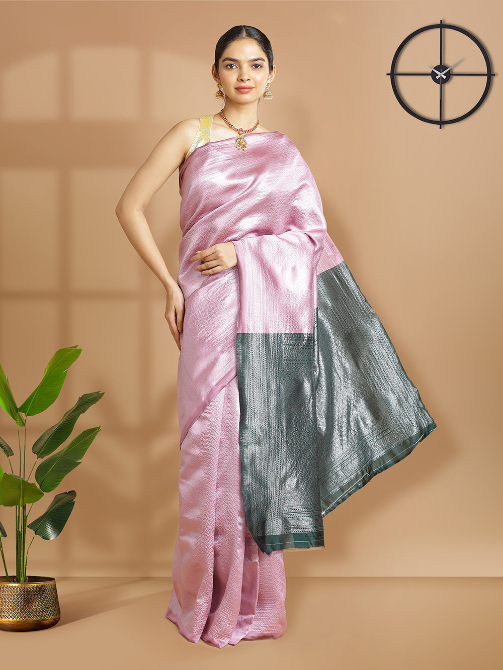 Onion Pink Color Silver Woven Designed Art Silk Saree With Bottle Green Pallu