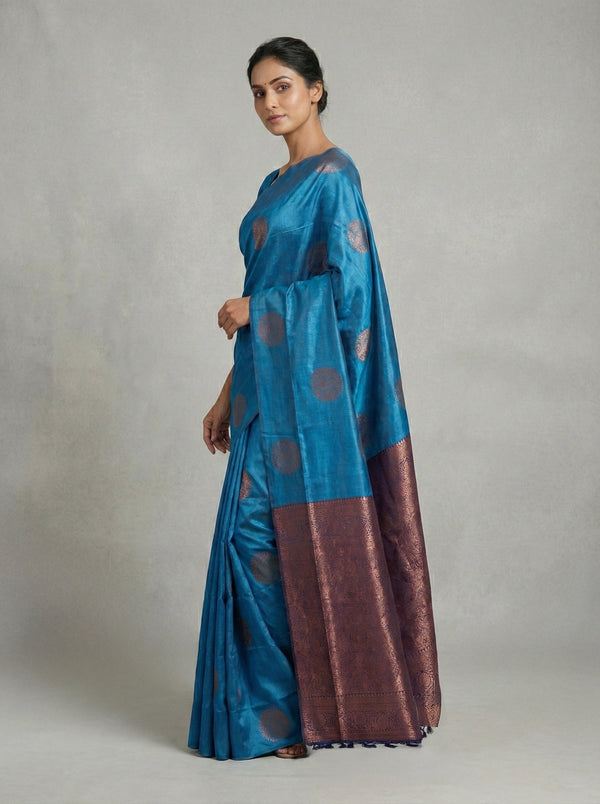 Semi Silk Women’s Peacock Blue Saree with Contrast Navy Blue Blouse