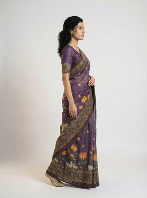 Cotton Purple Saree with Multicolor Floral Prints and Designer Border