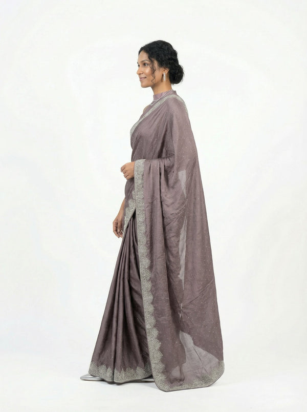 Vijithra Silk Violet Stone Work Zari Border Designer Saree