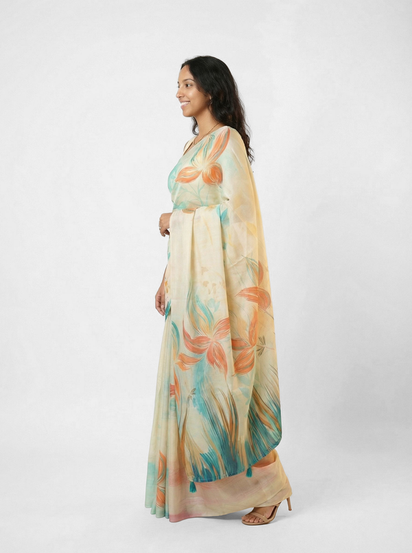 Organza Cream Floral Digital Print Saree
