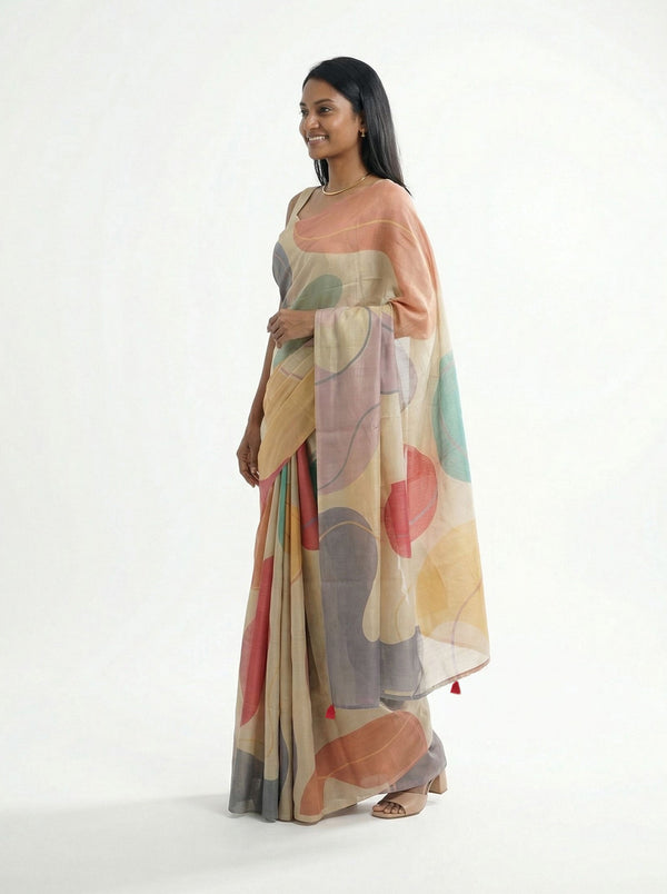Chanderi Cotton Beige Geometric Print Saree