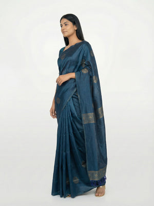 Semi Silk Ethnic Peacock Blue Saree with Traditional Butta Work