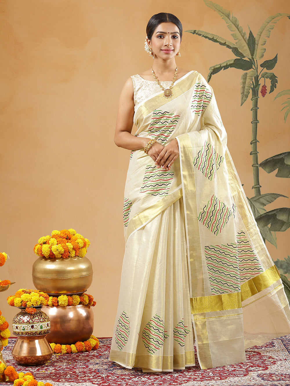 Golden Tissue Set Saree With Multi Color Waved And Strignt Line Designed Print All Over
