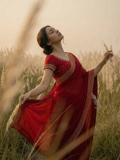 Chiffon Classic Red Minimal Small Stone  Border Designer Saree