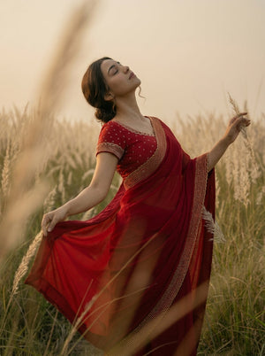 Chiffon Classic Red Minimal Small Stone  Border Designer Saree
